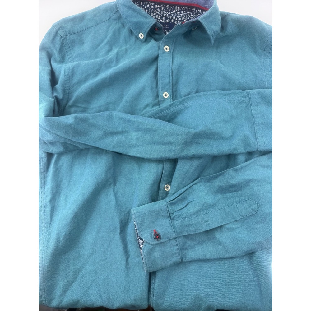 Zara Man Slim Fit Button Down Shirt Teal Blue Long Sleeve Mens Size Small